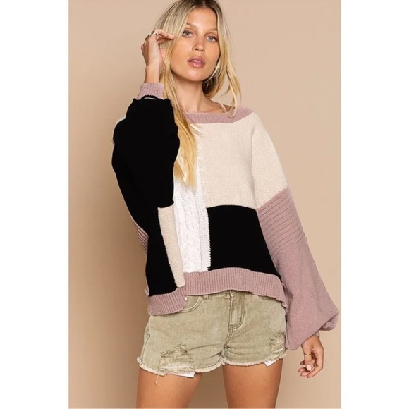 POL Colorblock Patch Mixed Knit Balloon Sleeves Tie Back
Sweater - Picture 1 of 15